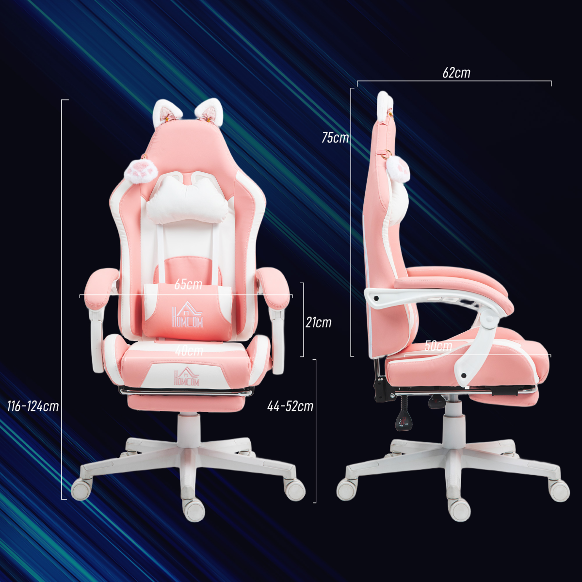 HOMCOM Pink Gaming Chair 44-52cm Recline Footrest for Gamers with cat ears and paw accents