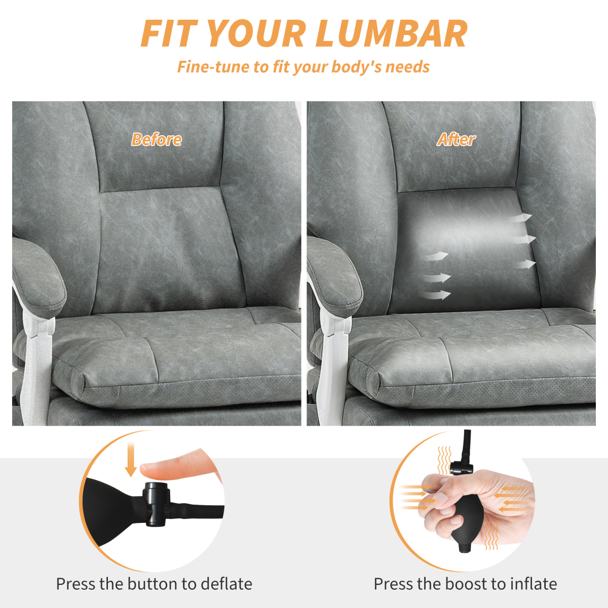 Homcom Office Chair High Back Adjustable Lumbar Home Office with inflatable lumbar support, 135° recline.