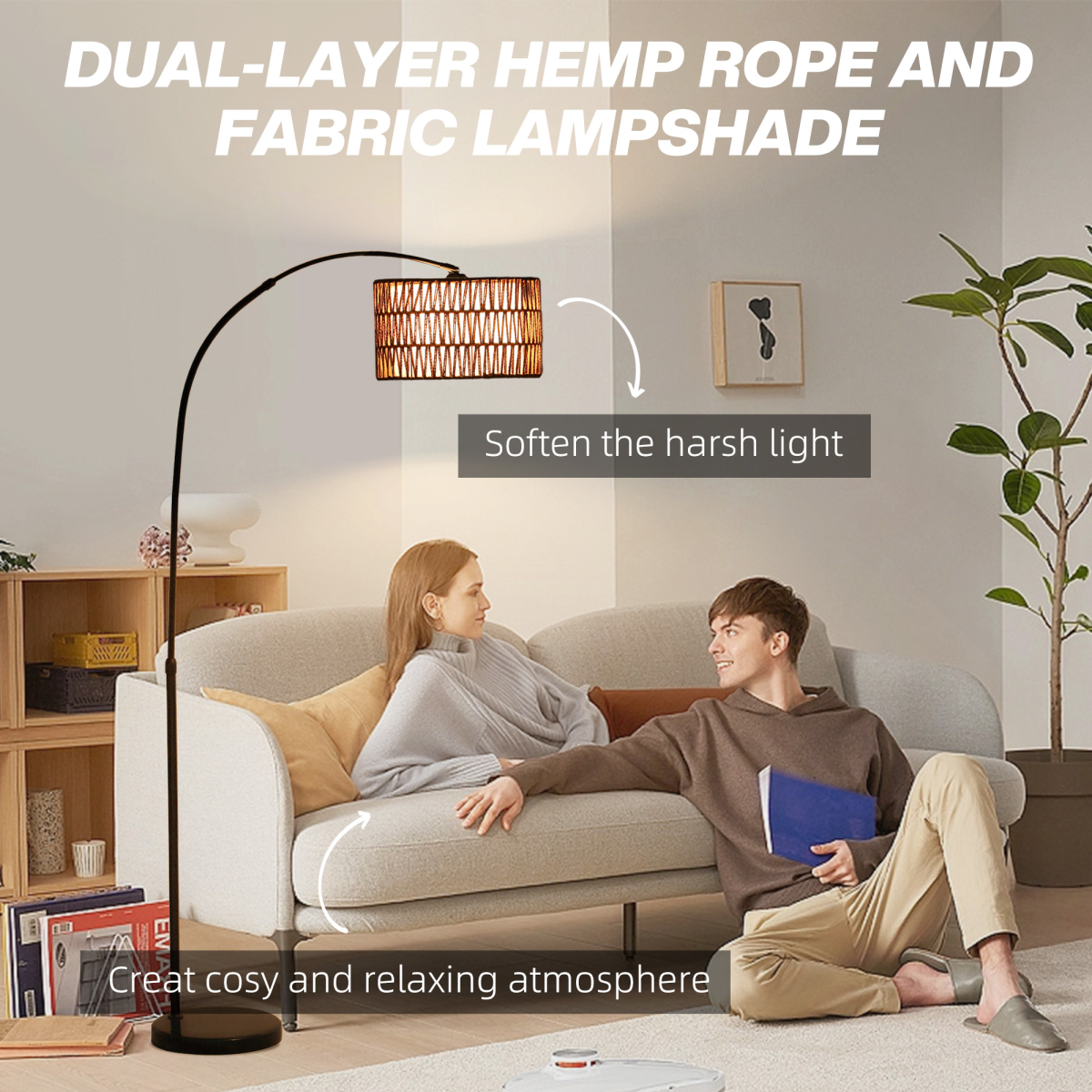 Stylish HOMCOM Floor Lamp for Living Room, Standing Lamp with Foot Switch, Black, features dual-layer hemp shade and adjustable height.