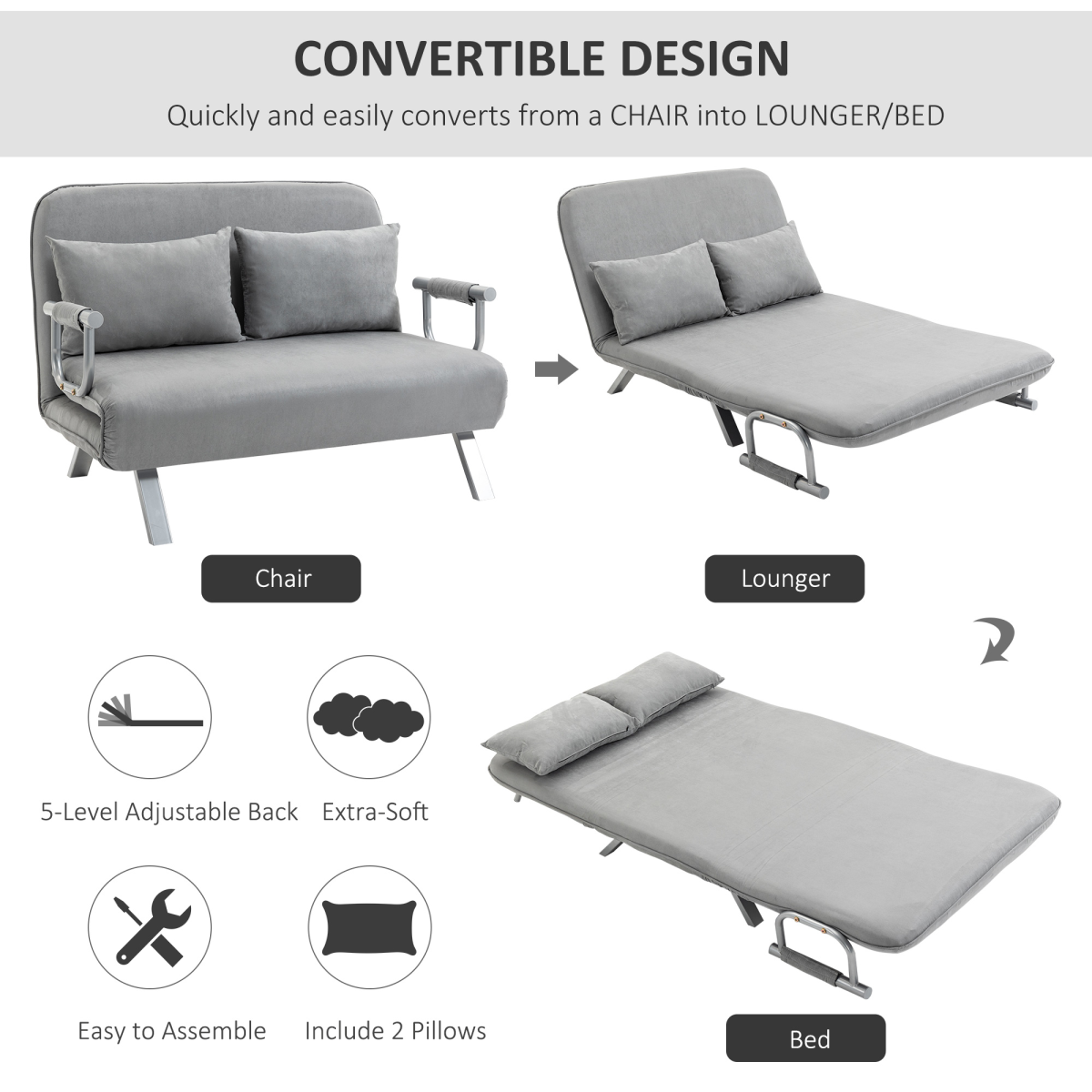 HOMCOM 2 Seater Sofa Bed Click Clack Light Grey Living Room - HOMCOM - Home Symphony