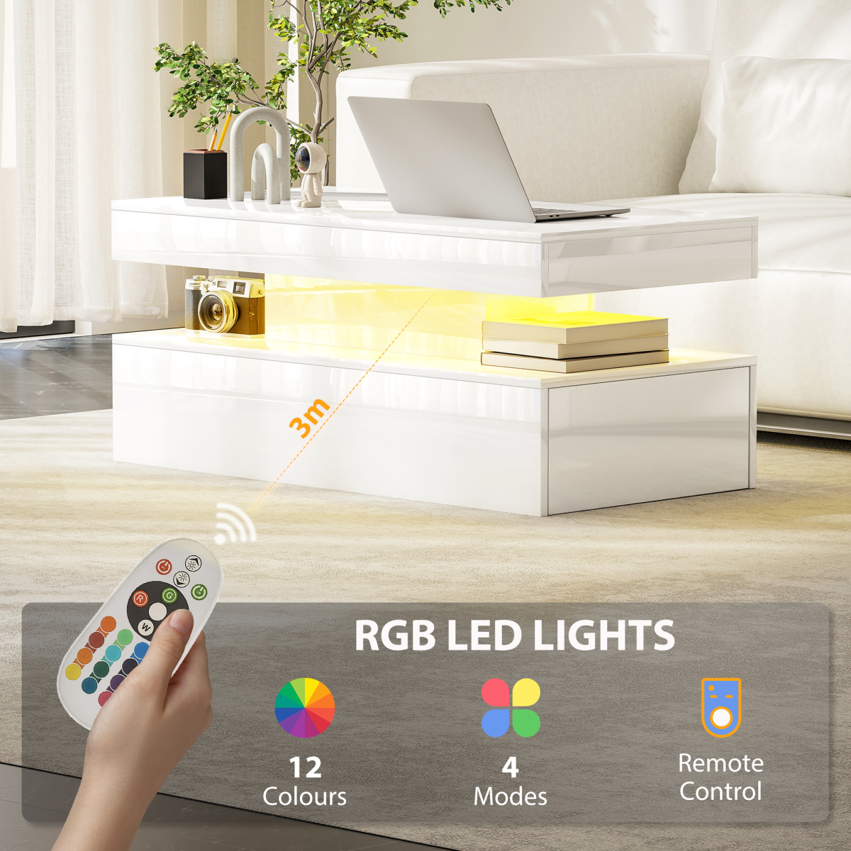 HOMCOM LED Coffee Table With RGB Light Living Room