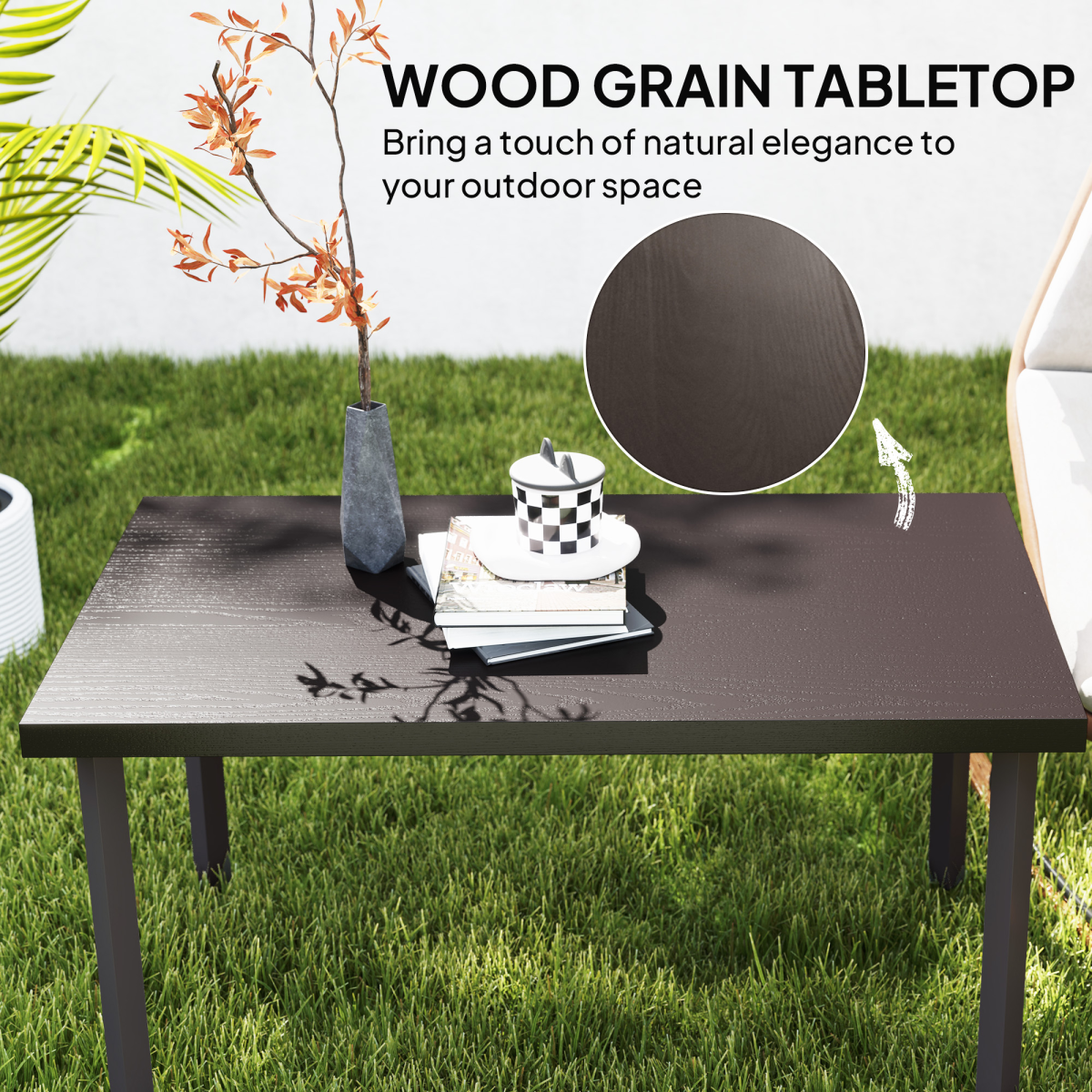 Outsunny Metal Garden Coffee Table 95x55 cm Tabletop Woodgrain Finish for Outdoor Patio - Outsunny - Home Symphony