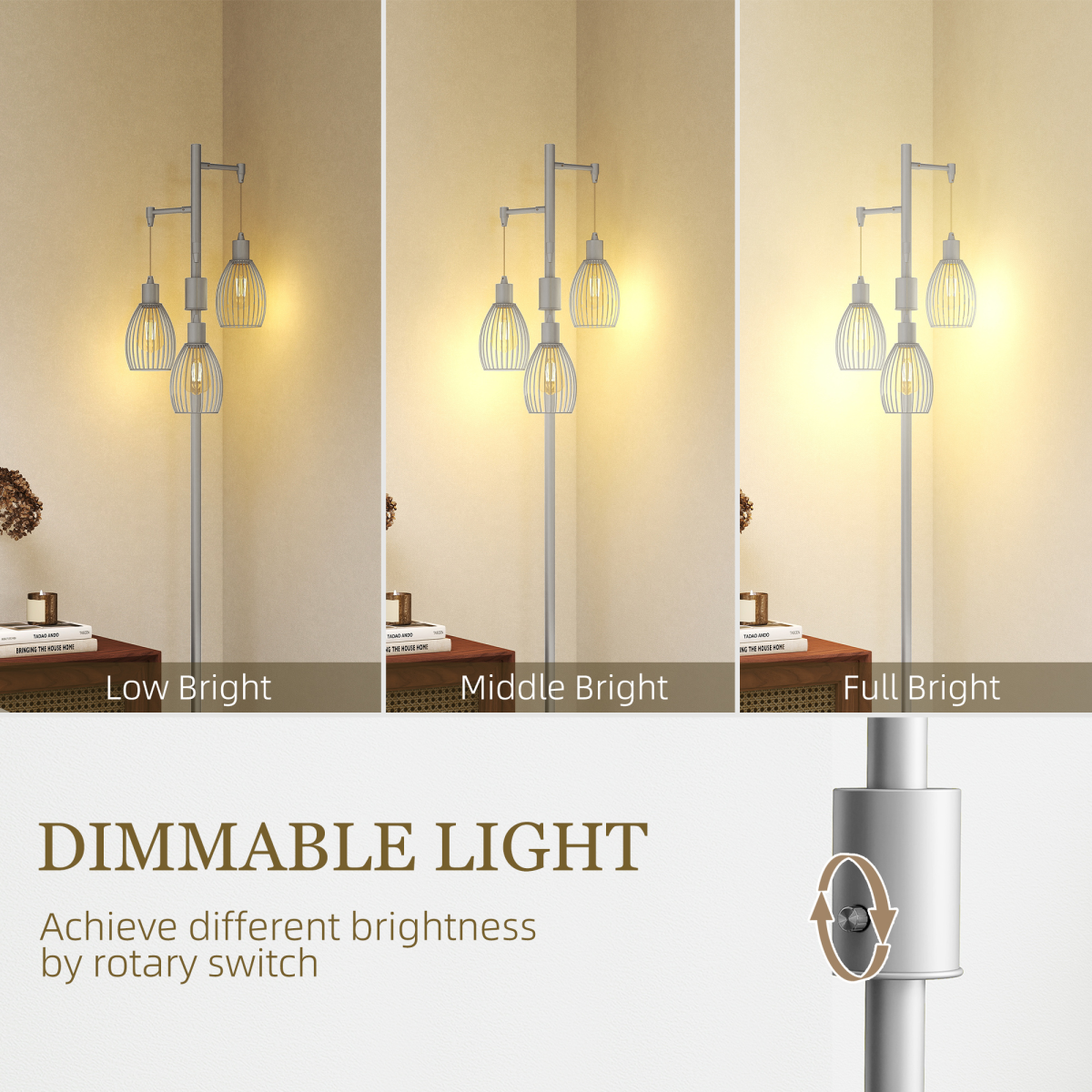 Adjustable brightness on the HOMCOM Industrial 3-Light Floor Lamp Dimmable Standing Lamp, Silver Tone enhances any room.
