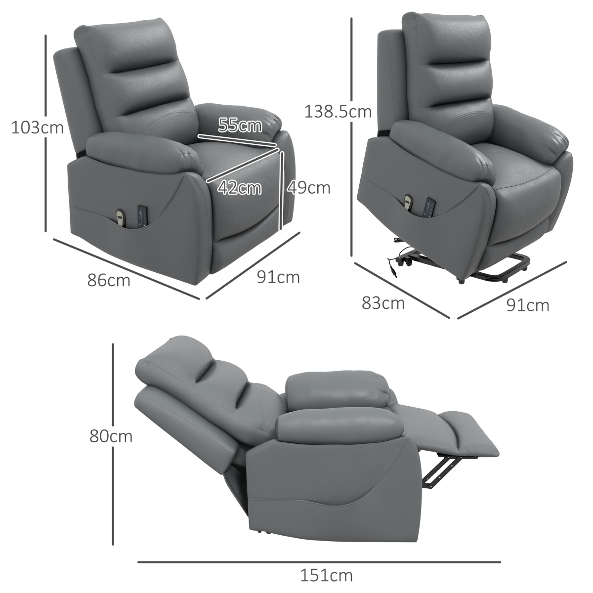 HOMCOM Power Lift Recliner Chair Standard Size Remote Control 135 Degree Recline For Living Room Grey