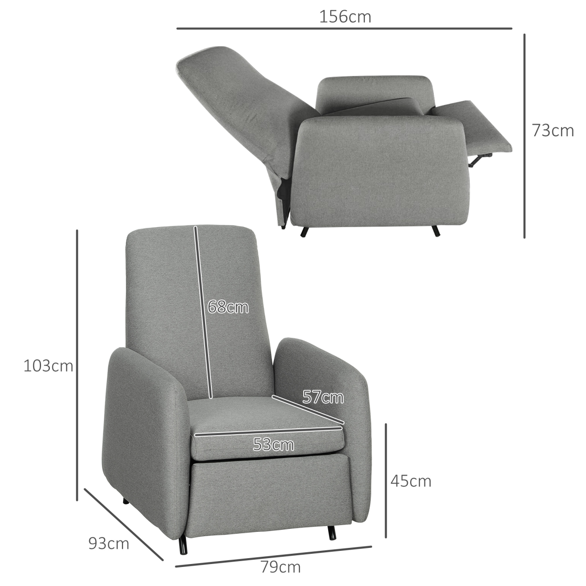HOMCOM Push Back Recliner Chair Medium Footrest Bedroom in gray fabric with built-in footrest