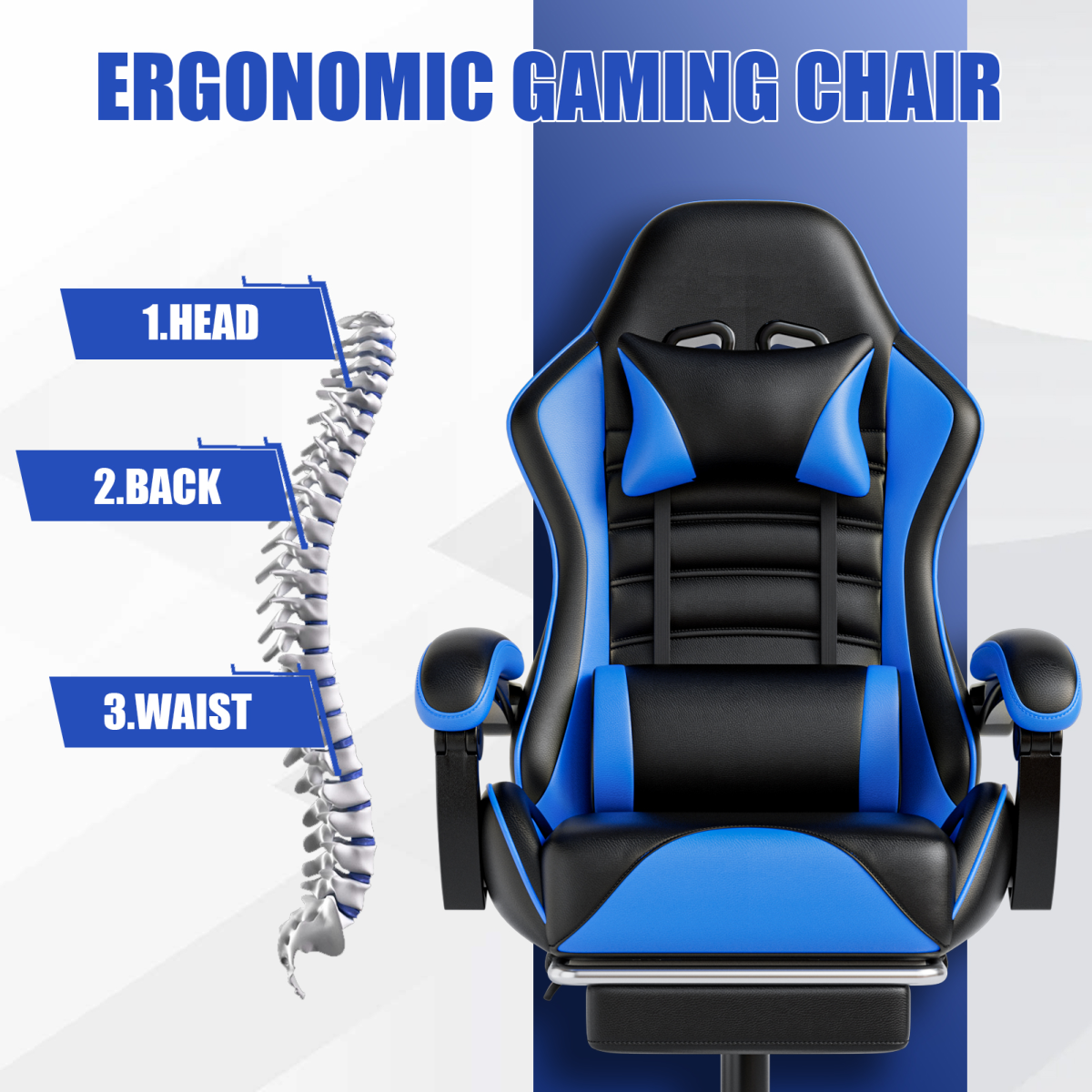 Home Symphony Pro Gaming Chair With Adjustable Lumbar Support For Adults in blue and black PU leather.
