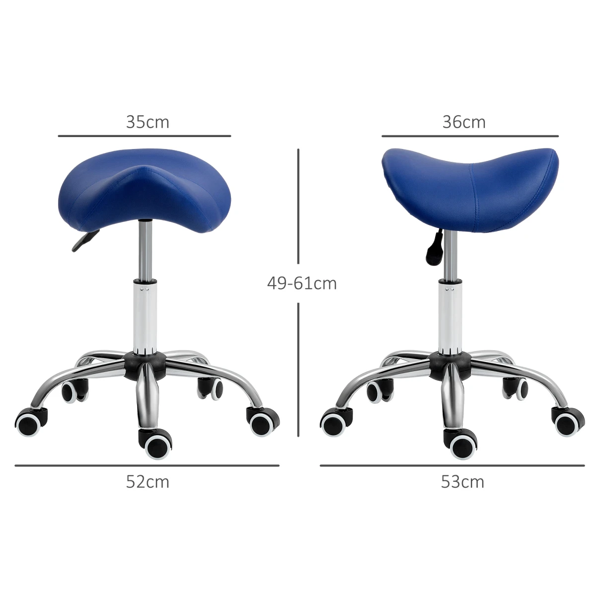 HOMCOM Saddle Stool 49-61cm Blue PU Leather 5-Wheel Base for Salons and Home Beauty by HOMCOM