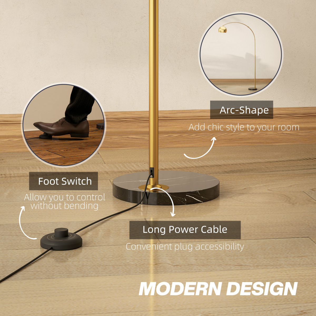 Stylish HOMCOM Arc Floor Lamp for Living Room, Free Standing Tall Lamp, Gold Tone with flexible head and foot switch.
