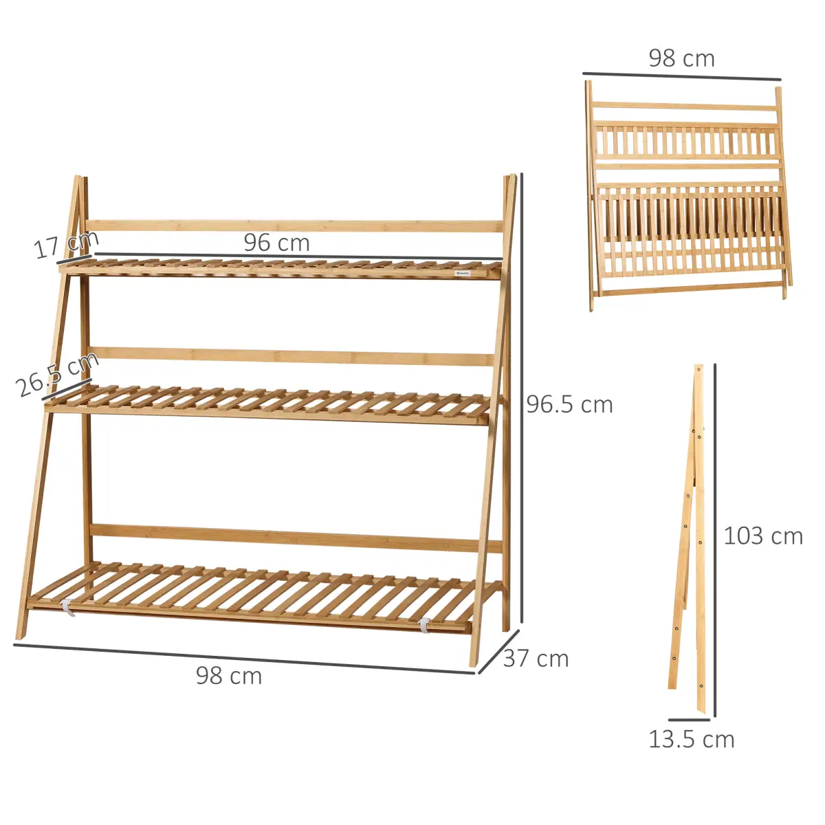 Outsunny 3-Tier Folding Bamboo Plant Stand Display Shelf Rack for Indoor & Outdoor - Wine Rack