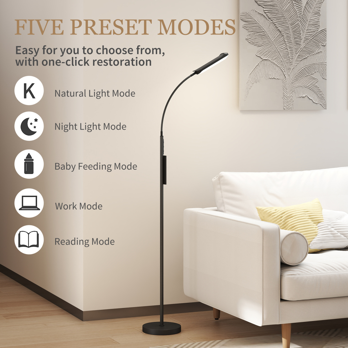 Stylish HOMCOM LED Floor Lamp for Living Room with Magnetic Remote Control, Black, featuring five scene modes and adjustable brightness.