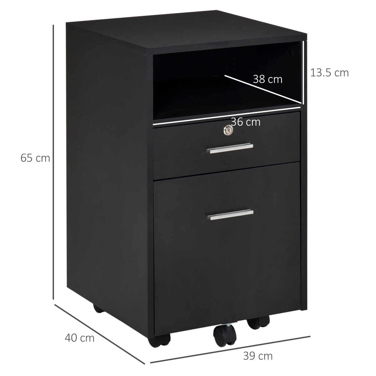 Vinsetto Mobile File Cabinet Compact Lockable Top Drawer 2 Keys Five Wheel Black Home Office Storage