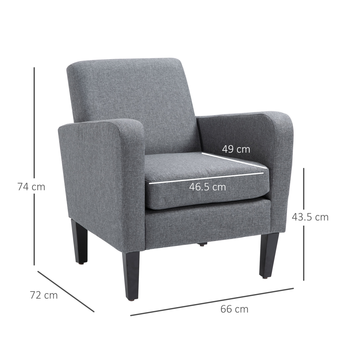 Premium grey linen armchair with compact curved arms and slanted back for living rooms.