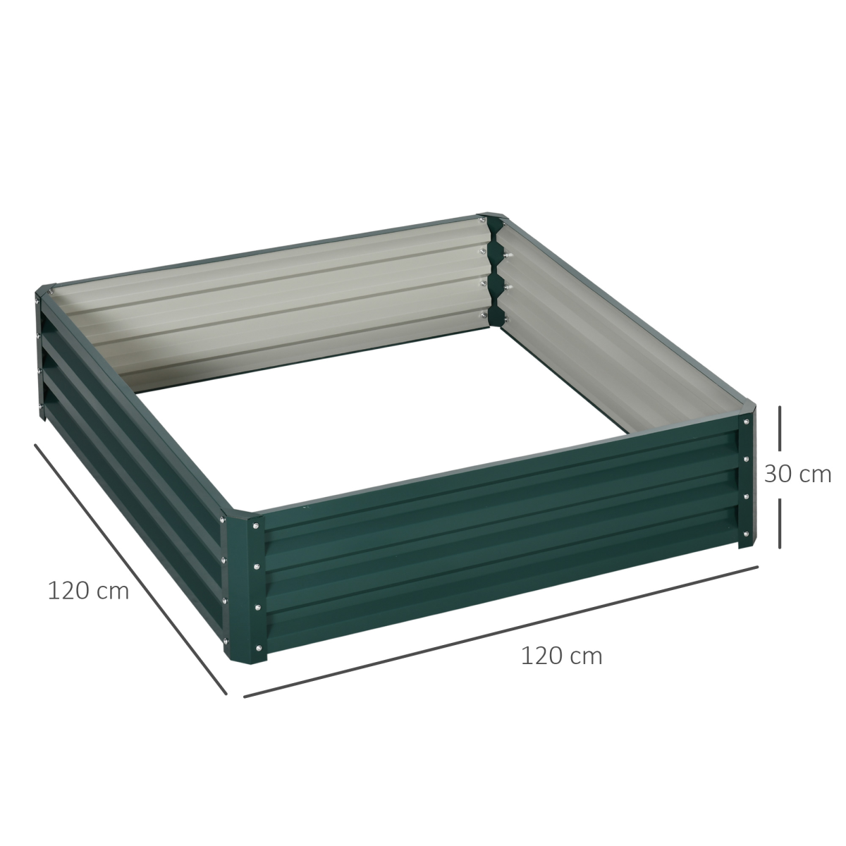 Premium raised garden bed 120x120 cm with open-bottom, green exterior and beige interior panels.