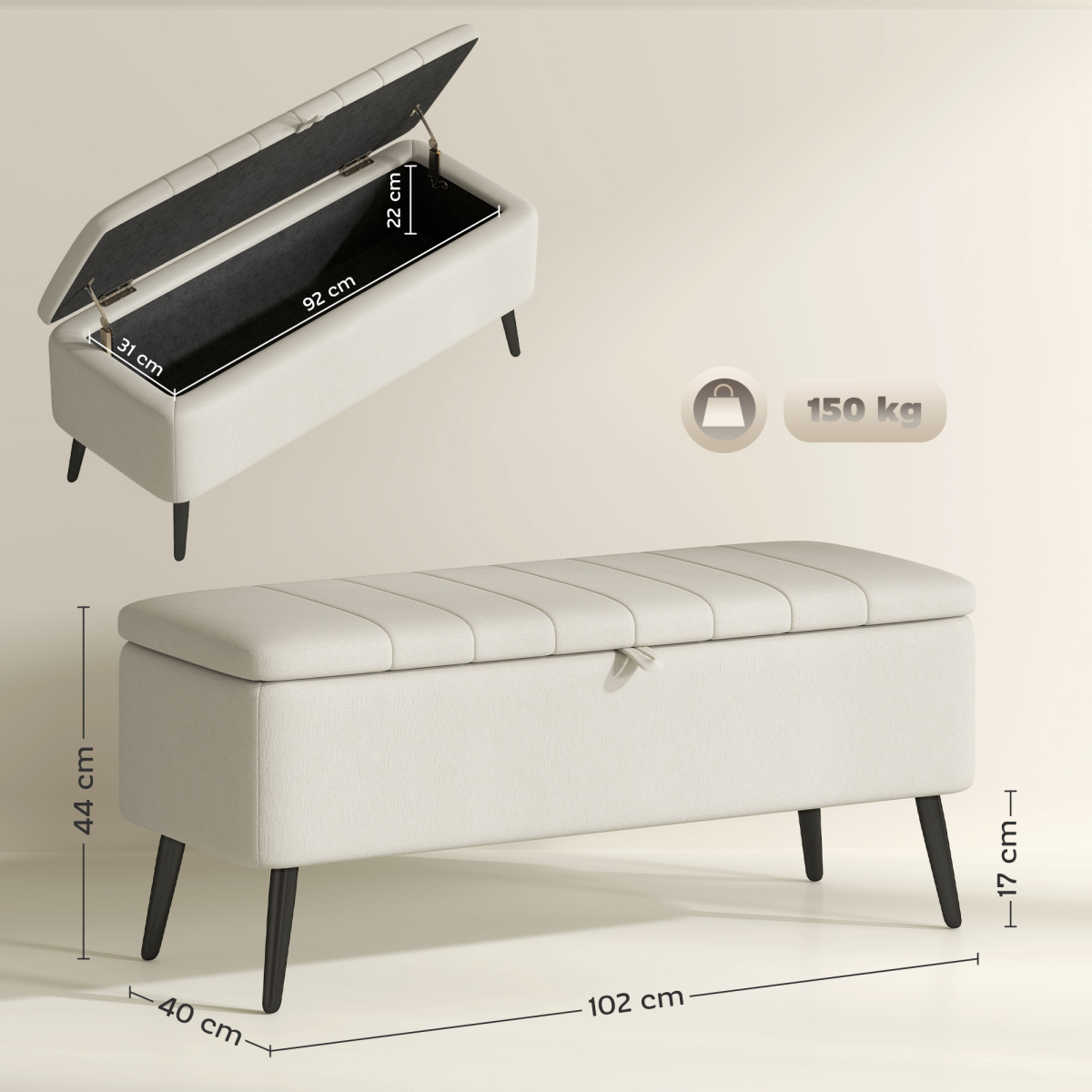 HOMCOM Storage Ottoman Bench Compact Linen Cream White With Under Seat Storage And Padded Lid For Living Room - HOMCOM - Home Symphony