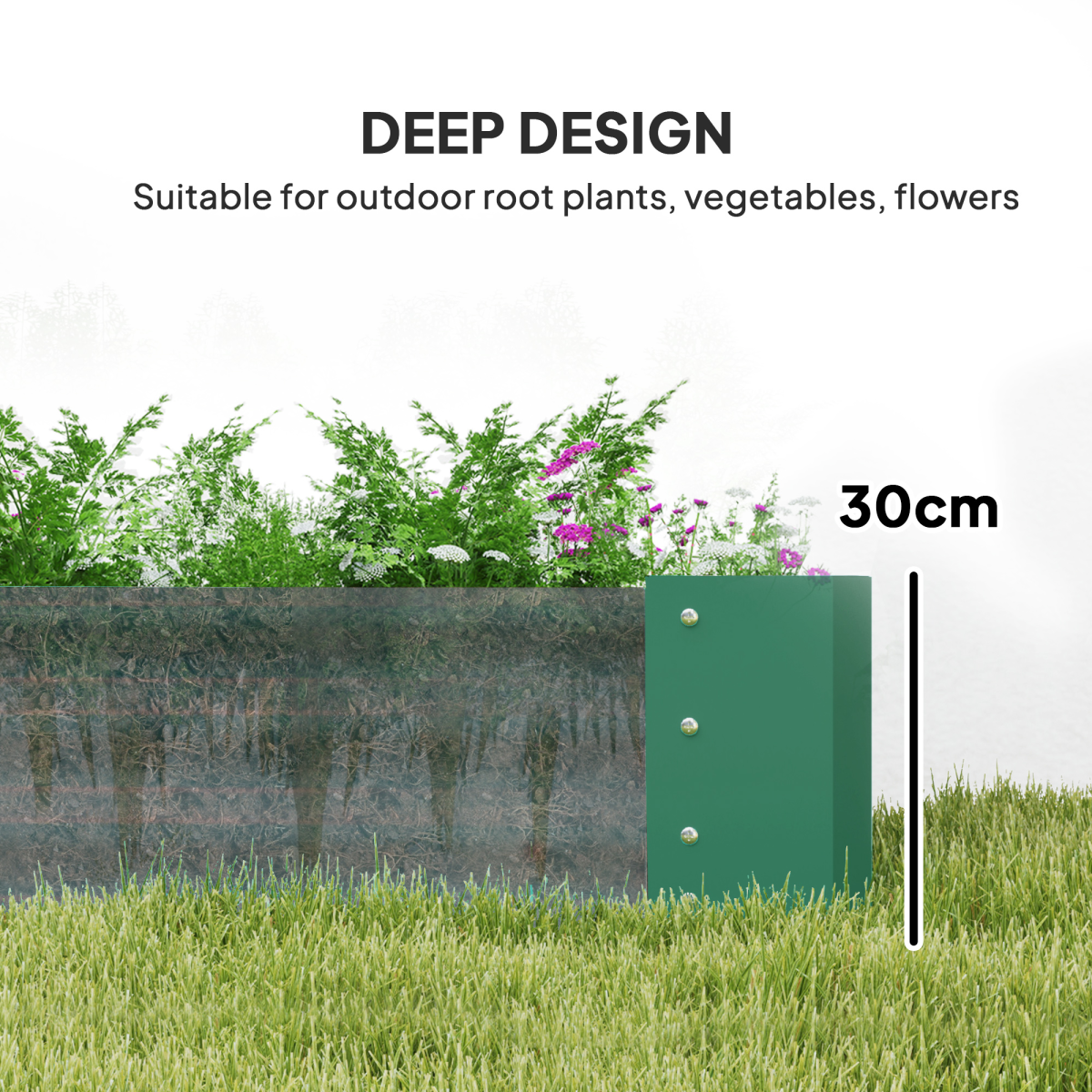 Outsunny raised bed planter in galvanised green steel, 180 x 90 x 30 cm, 30 cm deep, filled with herbs.