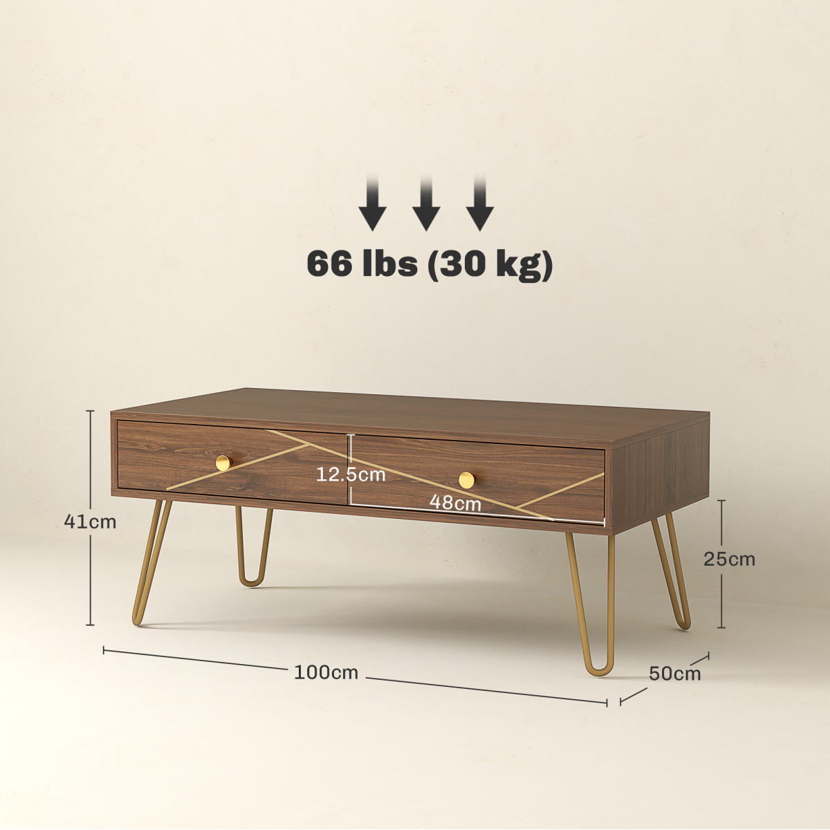 HOMCOM Coffee Table Long Woodgrain Finish With Two Drawers Gold Hairpin Legs Living Room - HOMCOM - Home Symphony
