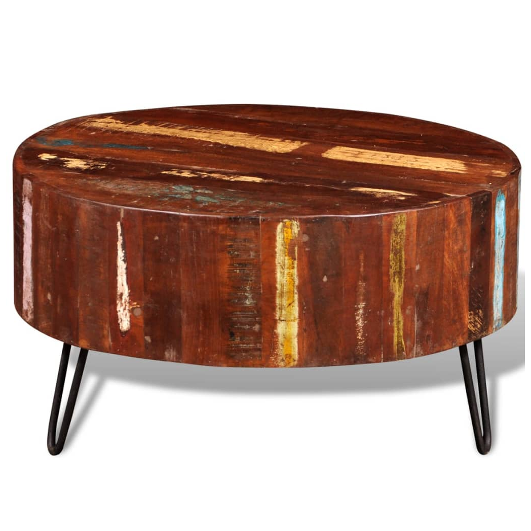 VidaXL Round Reclaimed Wood Coffee Table With Solid Top And Iron Hairpin Legs For Living Rooms