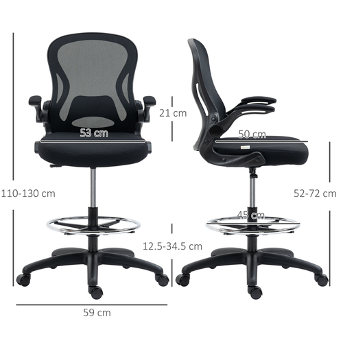 Vinsetto Draughtsman Chair Tall Office Chair w/ Adjustable Footrest Ring Black offers ergonomic support for higher work surfaces.