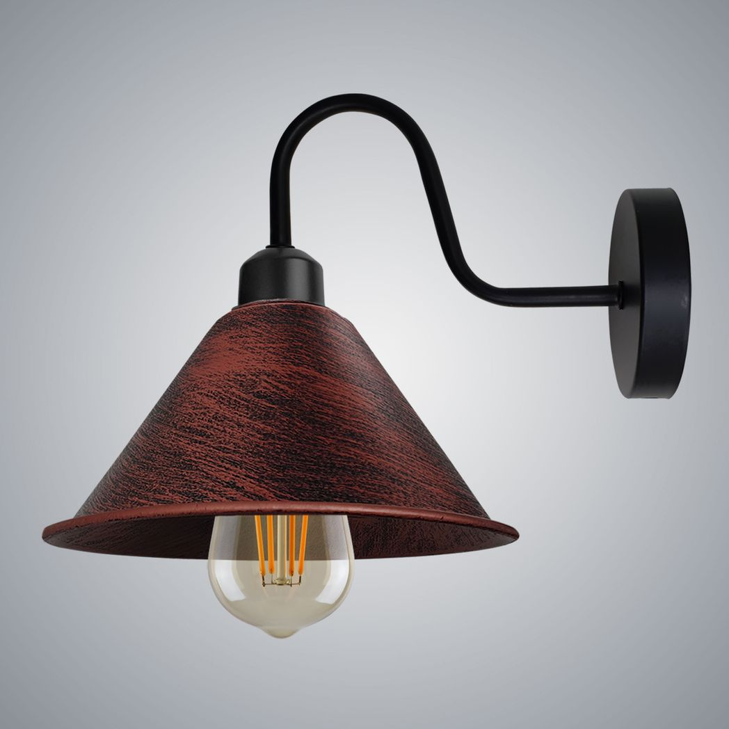Rustic Vintage Wall Light Cone Shade E27 Base For Home Deco with curved black arm and brown cone shade