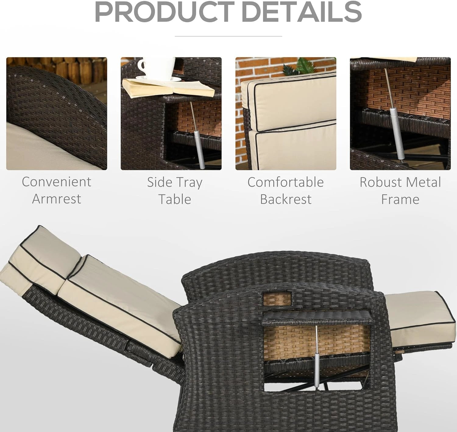 Outsunny Outdoor Recliner Chair with Cushion Rattan Reclining Lounge Chair by Outsunny