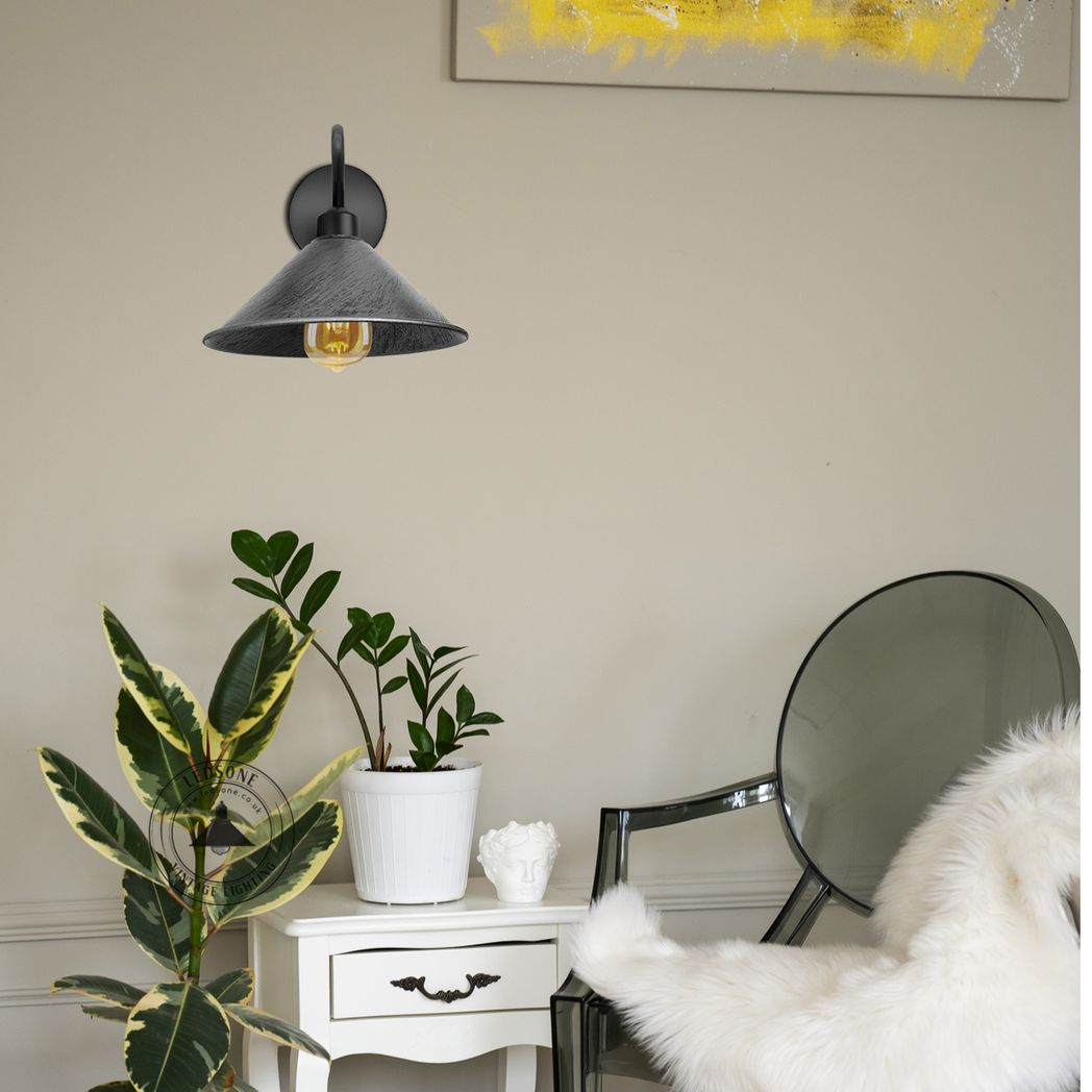 Brushed Silver Wall Light Fixture 12cm Cone Shade Hallway by Home Symphony, retro-inspired hallway lamp.