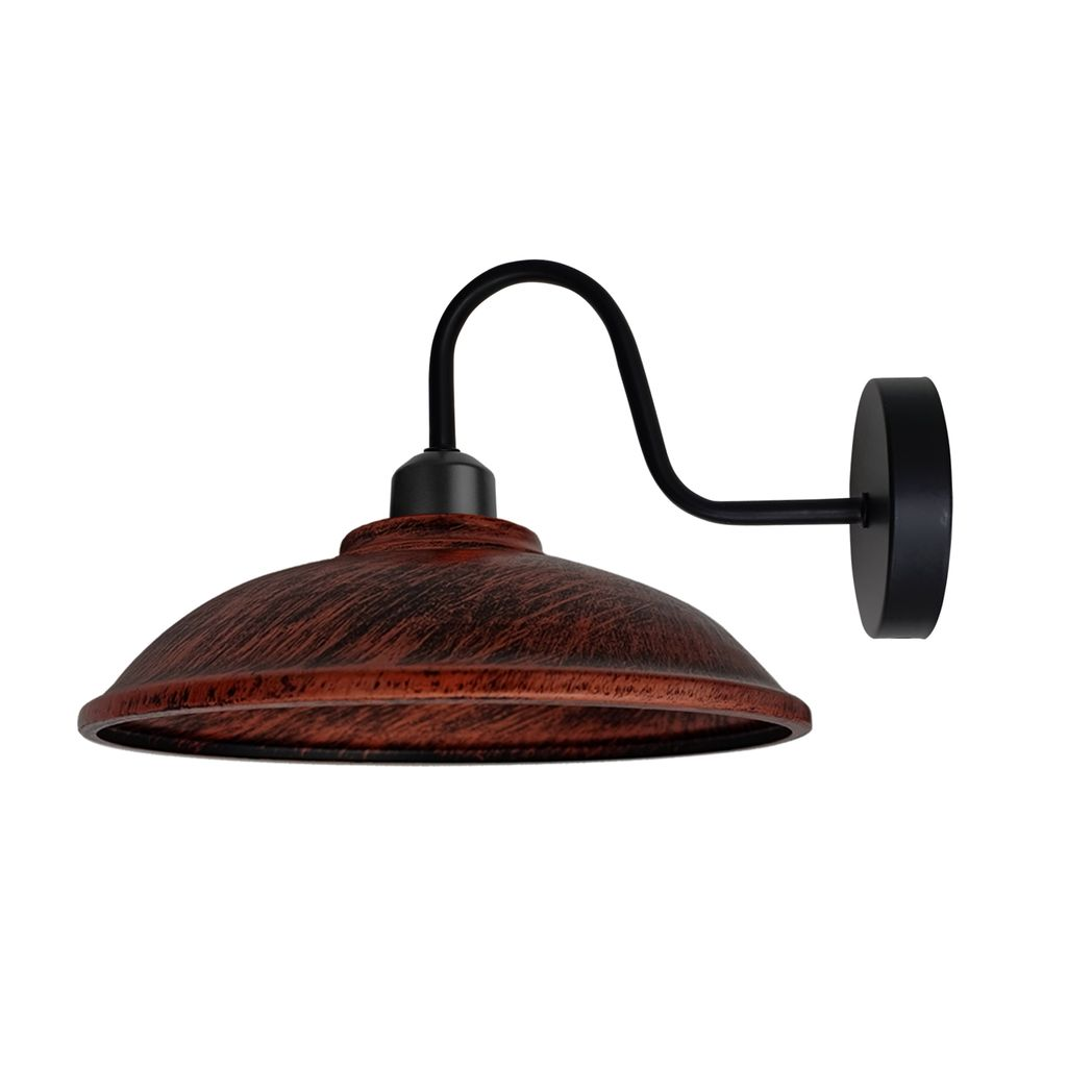 Rustic Red Wall Sconce 8in E27 Swan Neck Hemisphere Shade by Home Symphony, black swan-neck arm and red shade.
