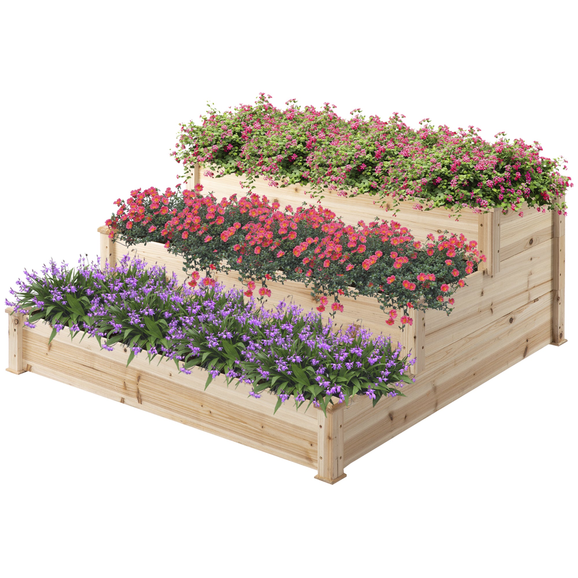 Premium three-tier wooden raised bed planter, 124x124x56cm, filled with purple, pink, and green flowers.
