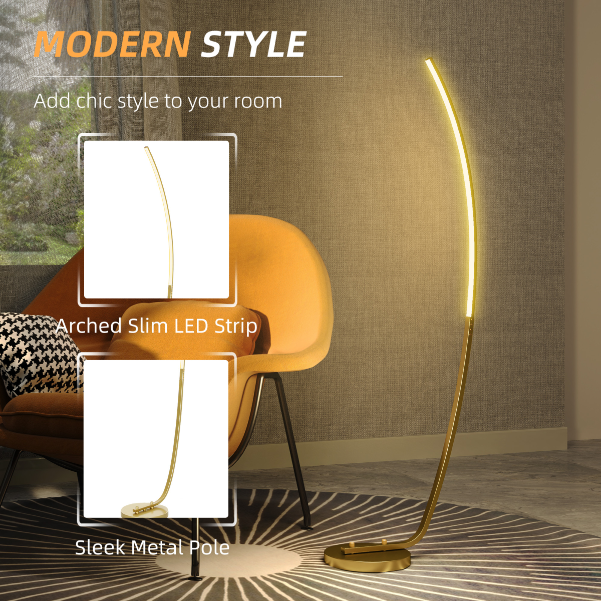 Sleek and modern, the HOMCOM Floor Lamp with LED Strip, Standing Lamp for Living Room, Gold Tone enhances any space.