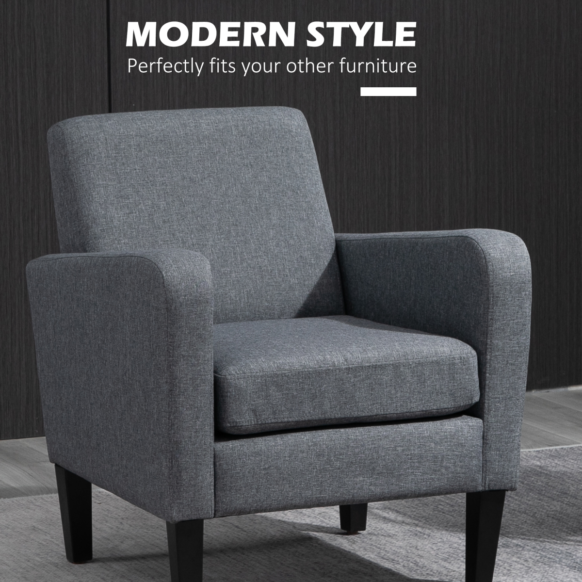 Grey linen armchair with compact curved arms and cushioned seat for a modern living room.