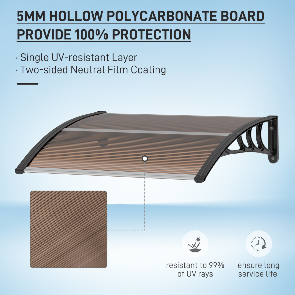 Outsunny Curved Polycarbonate Porch Canopy Awning Universal Fit UV Protection Front Door Brown - Outsunny - Home Symphony