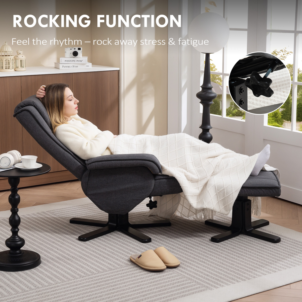 HOMCOM Rocker Recliner Standard Size Footstool For Home in charcoal linen, relaxing in a living room.