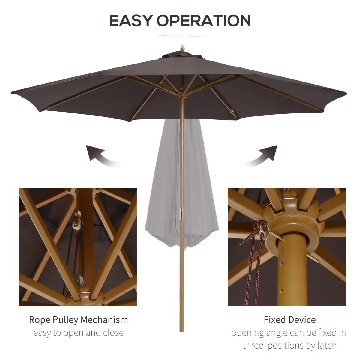 Outsunny 3m Bamboo Wooden Market Patio Umbrella Garden Parasol Outdoor Sunshade Canopy - Parasol
