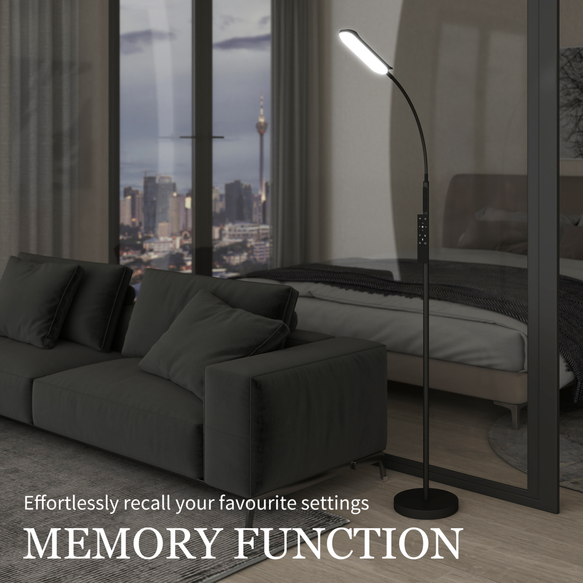 HOMCOM LED Floor Lamp for Living Room with Magnetic Remote Control, Black, features adjustable brightness and memory function.