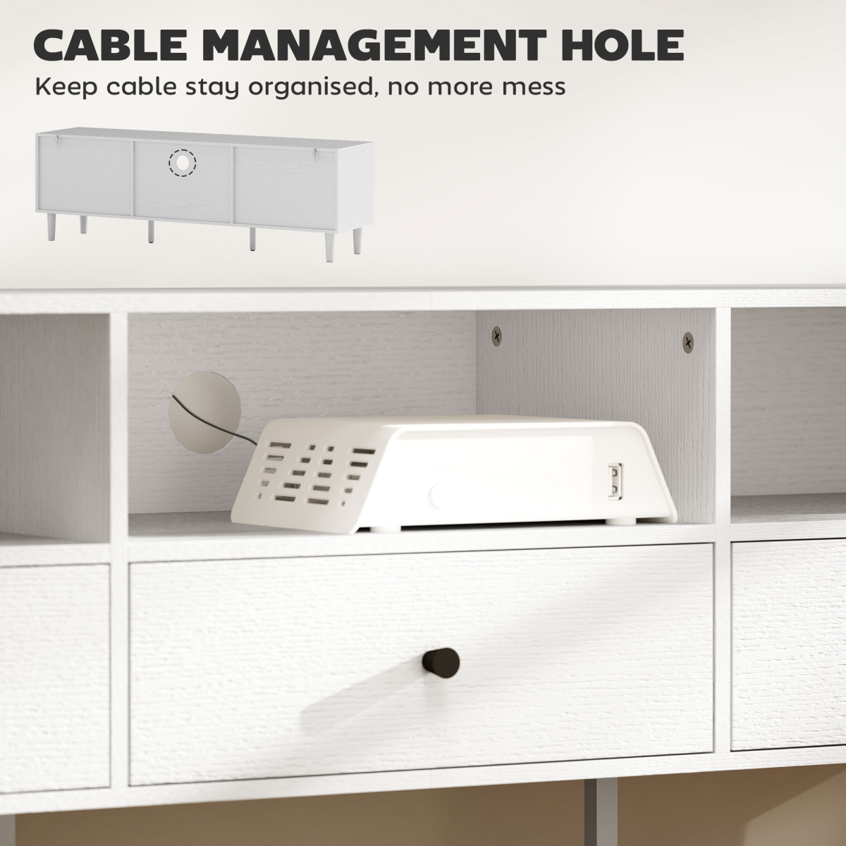 HOMCOM 75-Inch TV unit with three drawers and open shelves for living room.