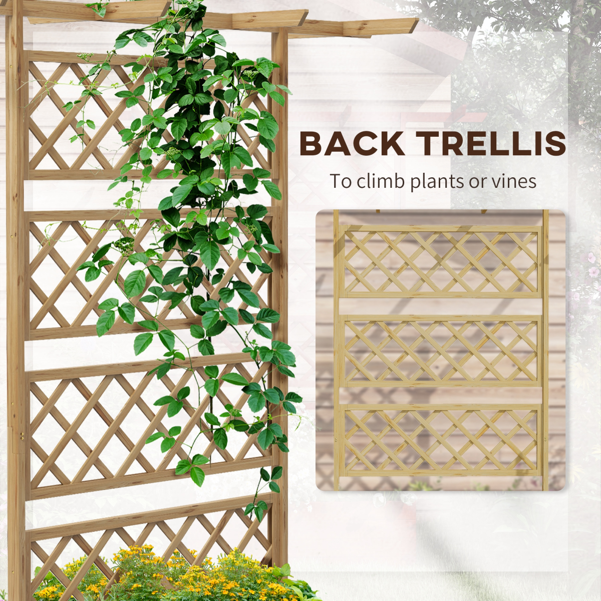 Outsunny Trellis Planter 60x40x80cm with back trellis climbers in natural fir wood for vegetables, herbs and flowers.