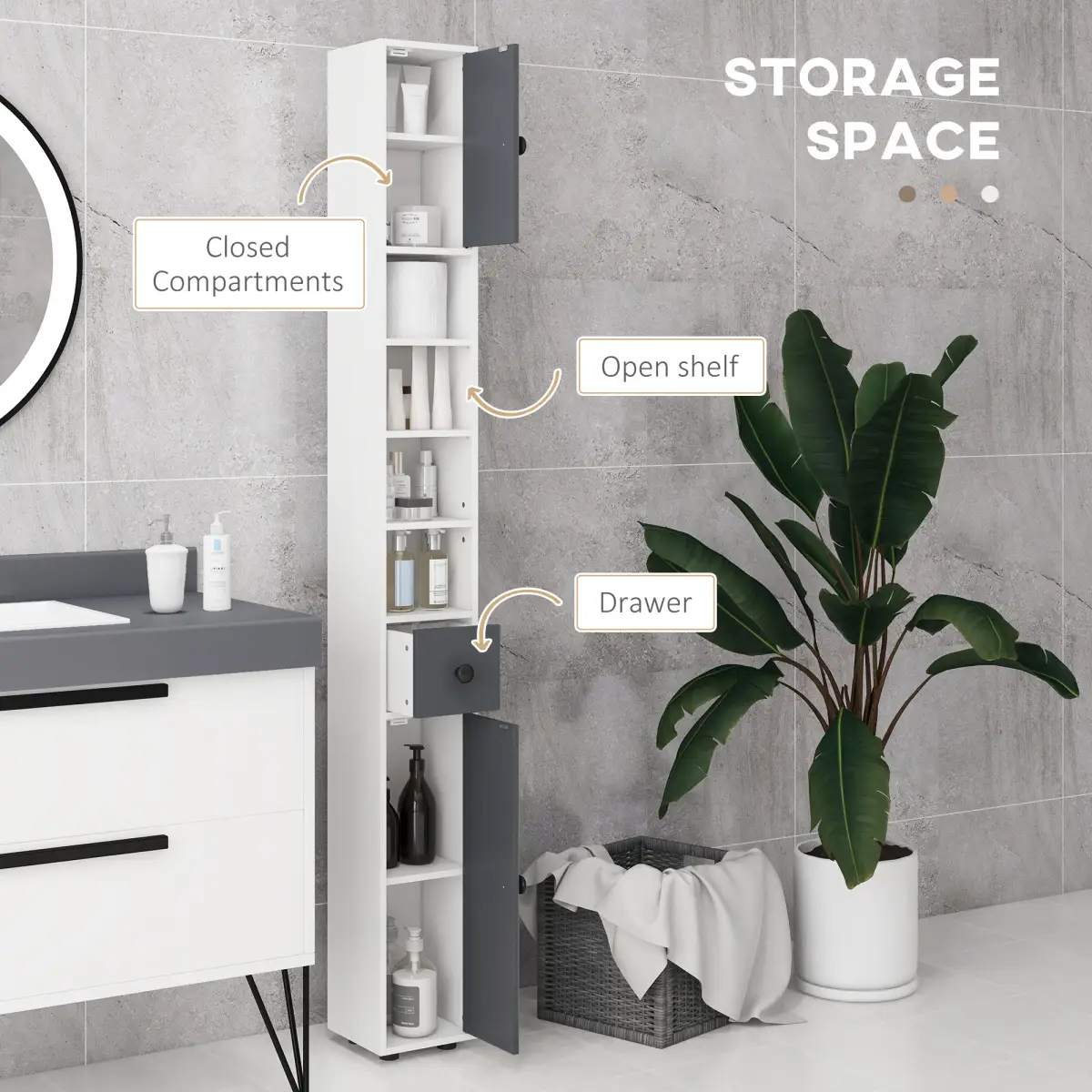 kleankin kleankin Slim Bathroom Cabinet, Toilet Roll Storage w/ Open Shelves, Grey - Display Cabinet
