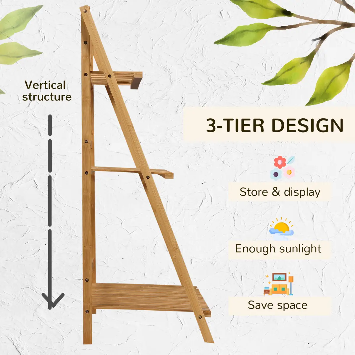 Outsunny 3-Tier Folding Bamboo Plant Stand Display Shelf Rack for Indoor & Outdoor - Wine Rack