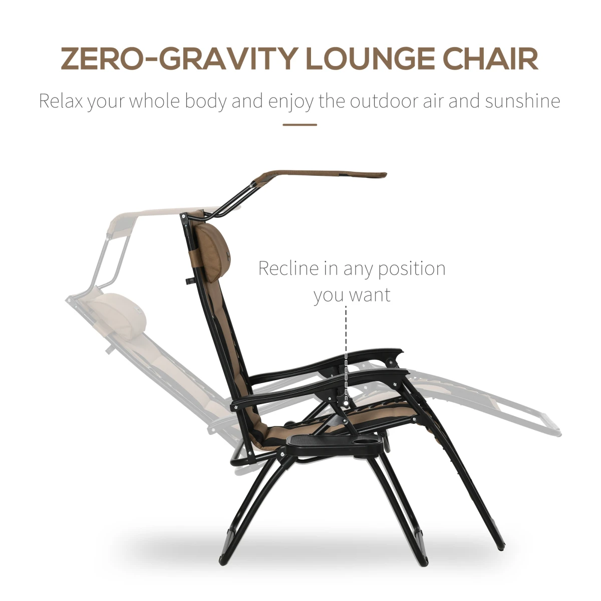 Zero Gravity Lounger Chair Full Size Lockable Recline Canopy Shade Cup Holder Tray Outdoor Patio Relaxation by Outsunny