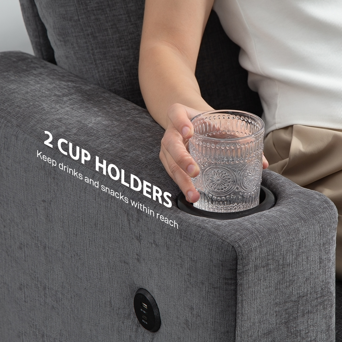 Homcom Sofa 3 Seater Gray With USB Ports Cup Holders Home - HOMCOM - Home Symphony