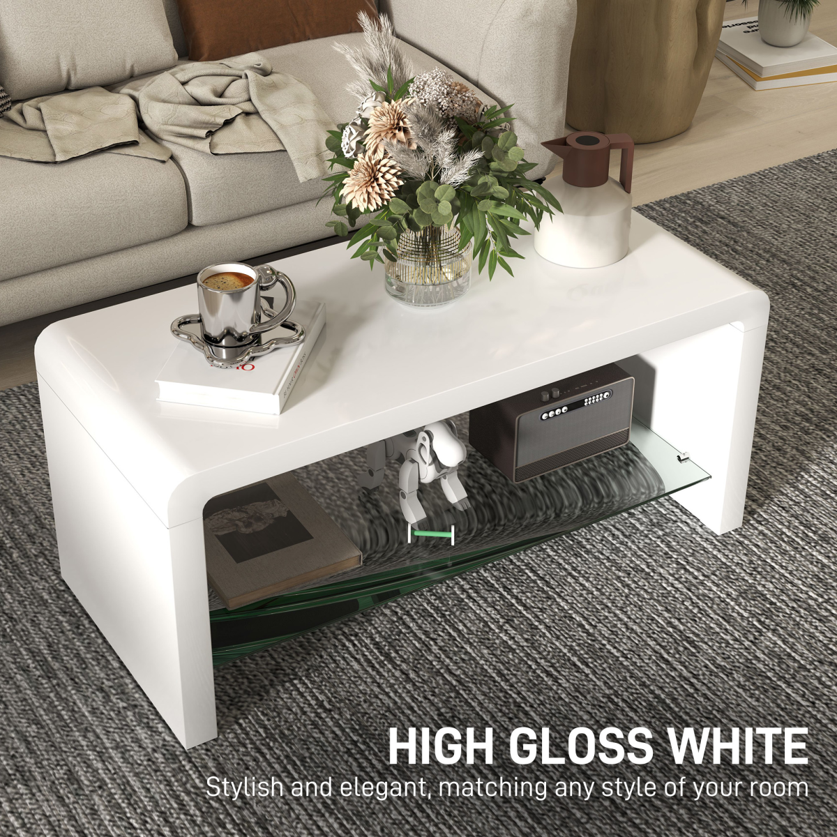 HOMCOM High Gloss Storage Coffee Table Two Tier White With Glass Shelf For Living Room