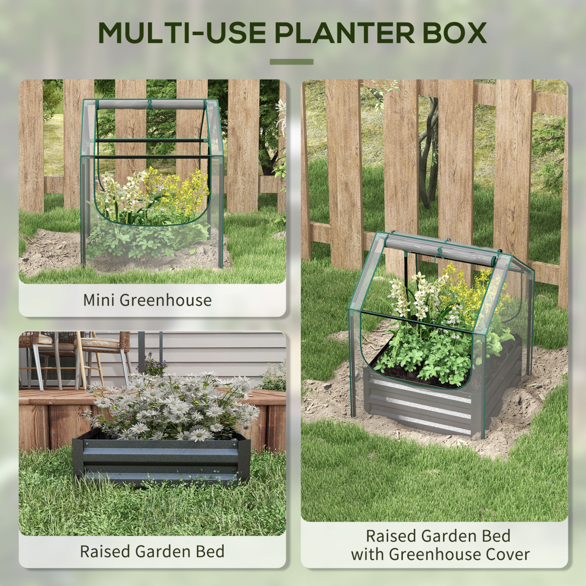Outsunny raised garden bed planter with 10cm edge greenhouse cover, galvanised steel base, two-part growing system