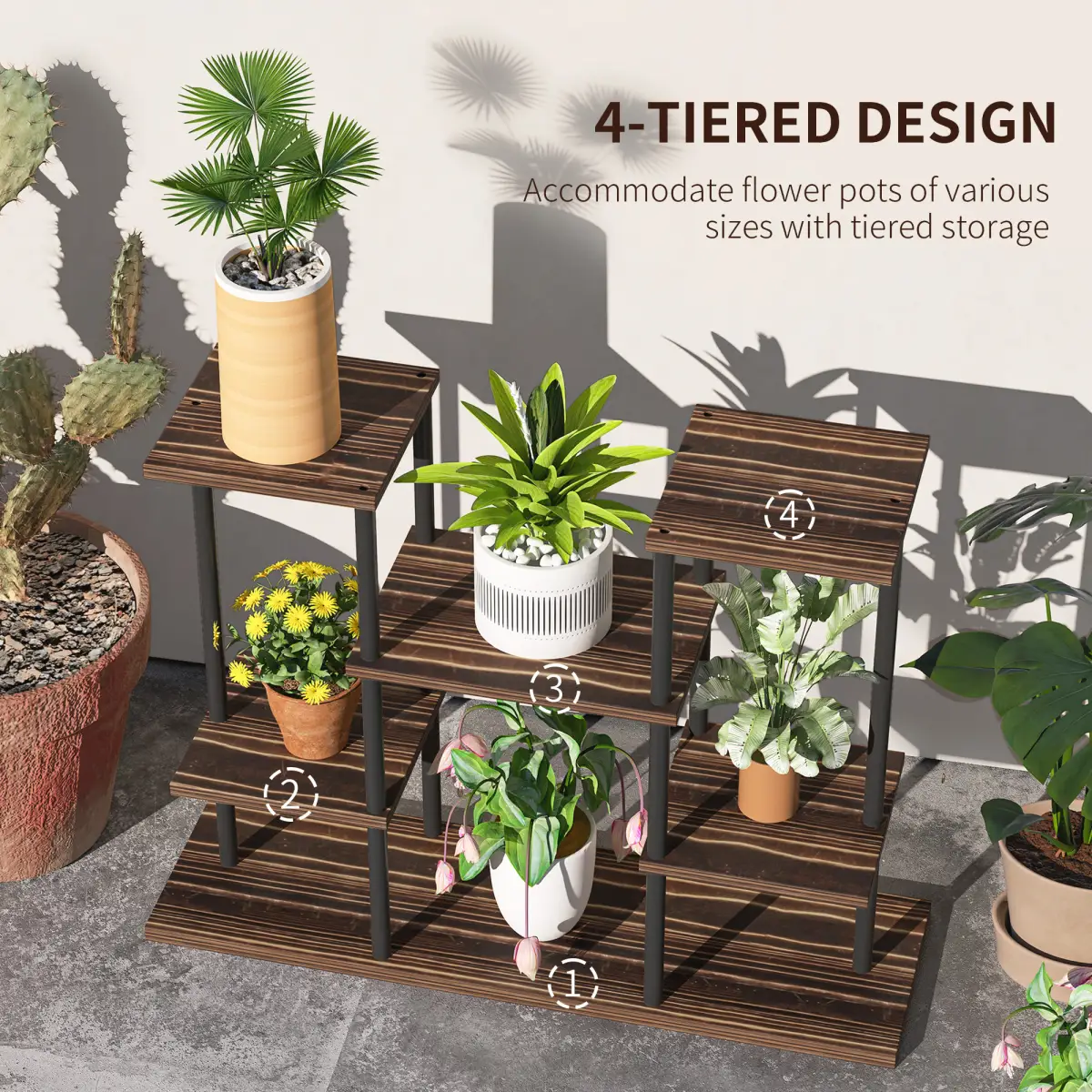Outsunny Outsunny 4 Tiered Metal Flower Shelf Display Rack, Carbonised Finish - Wine Rack