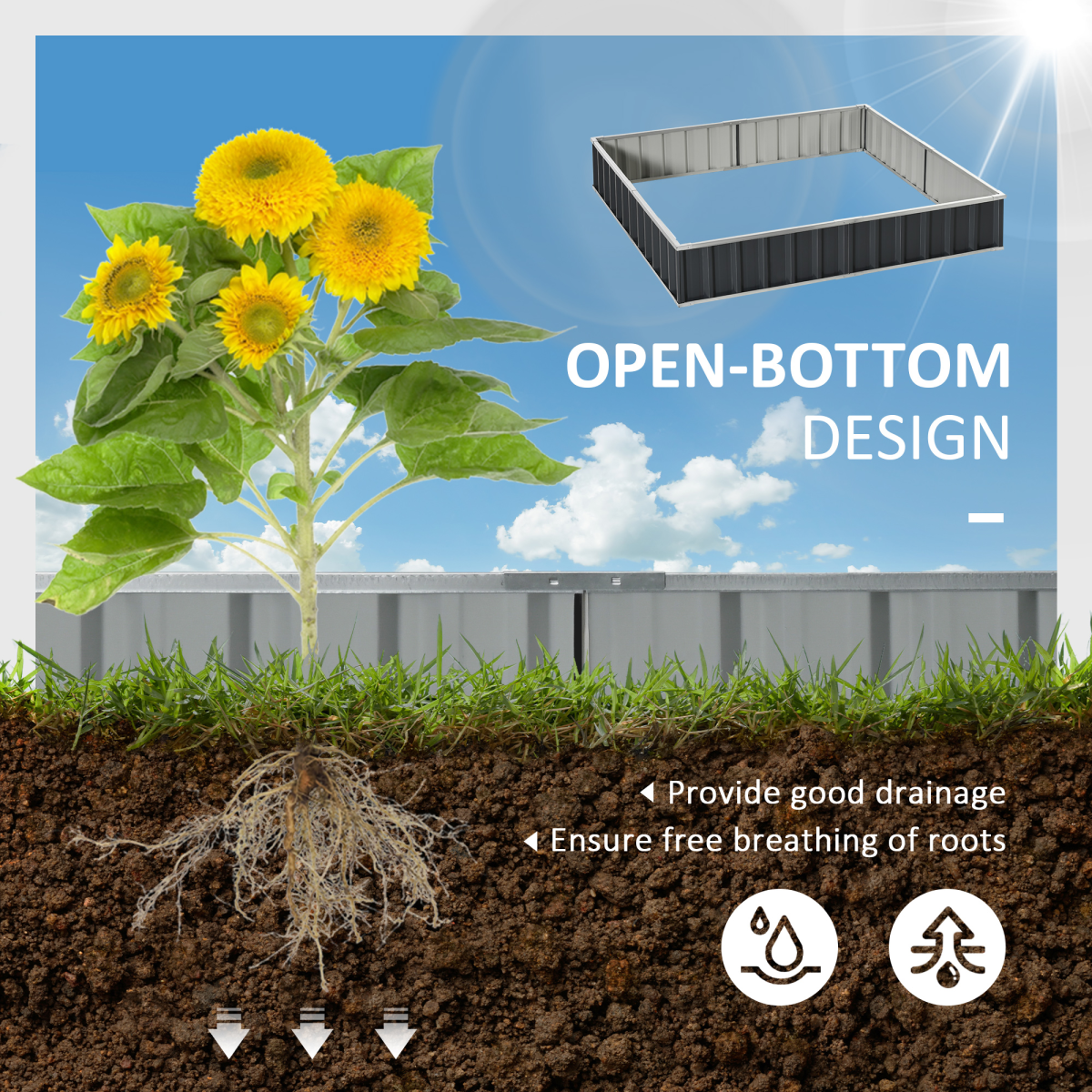 Outsunny metal raised garden bed 258x90cm with gloves kit, open-bottom design, sunflowers beside rooting soil.