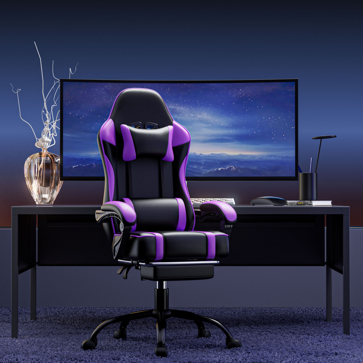 Home Symphony Pro Gaming Chair Footrest and Lumbar Support for Gamers enhances desk setup.
