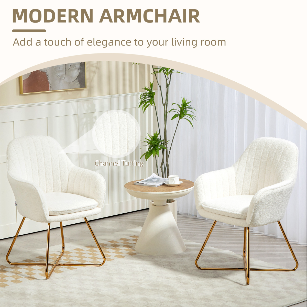 Two compact HOMCOM Accent Chair Set 2 in cream cashmere with gold legs, high backs around a round table.