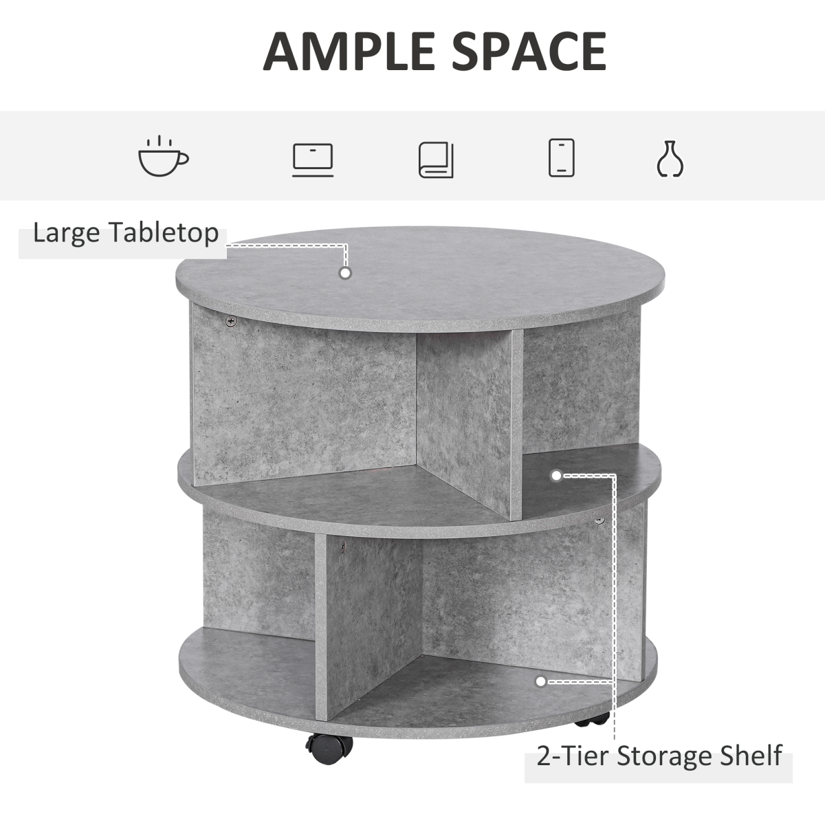 Concrete Finish Round Coffee Table 60x39.5cm Two Tier With Sector Shelves For Living Room - HOMCOM - Home Symphony