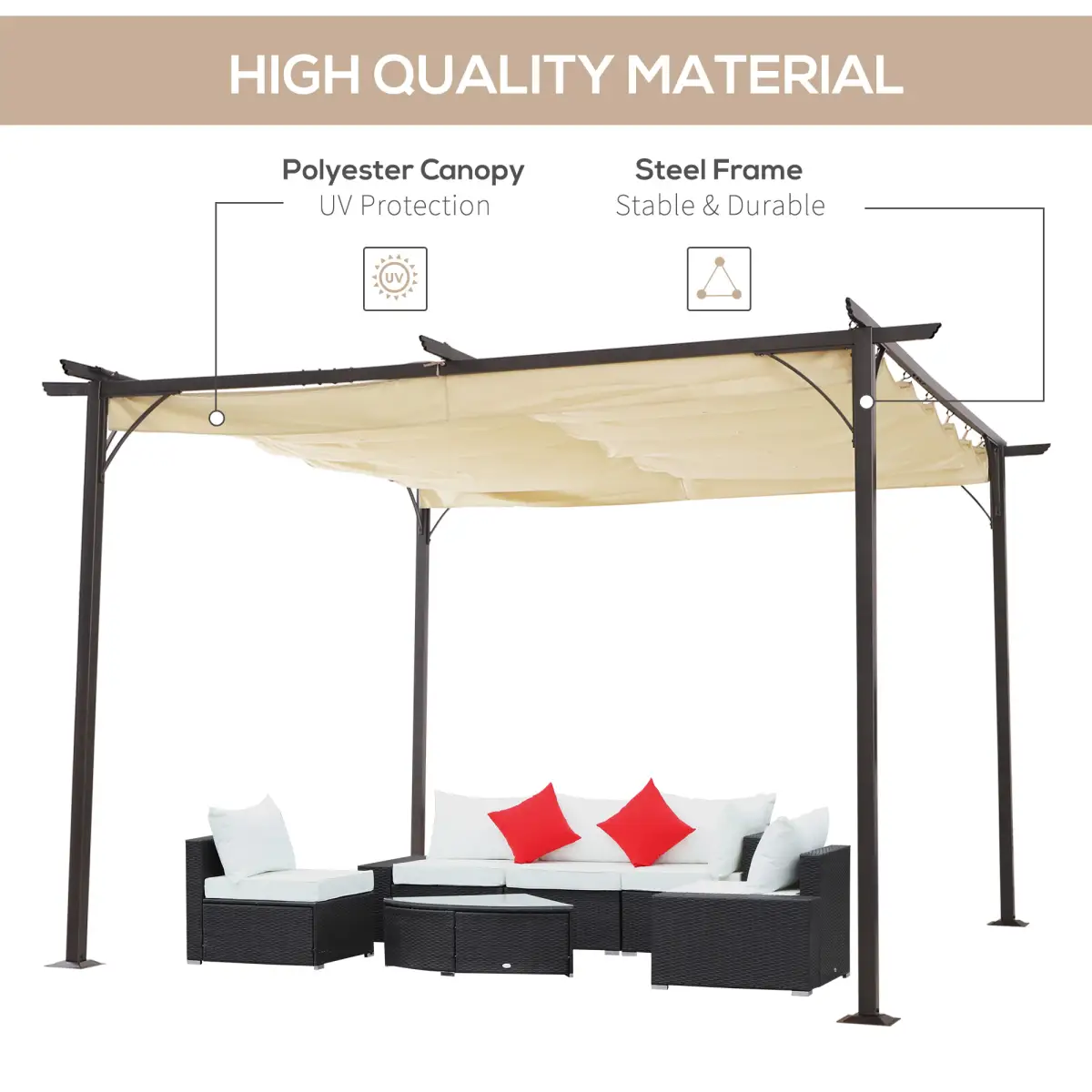 Outsunny Steel Pergola, 350L cm, Steel, Polyester-Black/Beige - Gazebos
