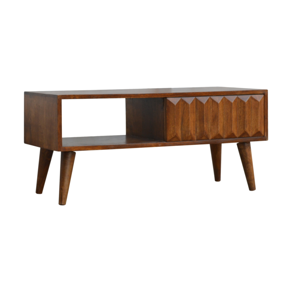 Artisan 120cm media unit in solid mango wood with chestnut finish; open shelf left, prism door right, tapered legs.