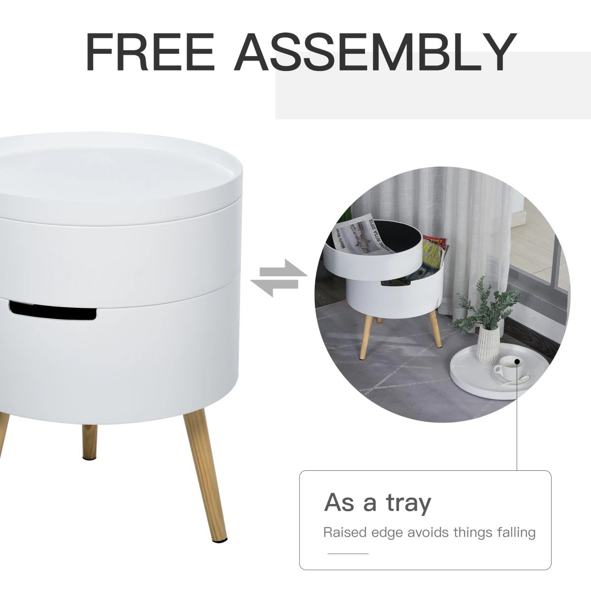 Premium White Circular Side Table Dia 16In Height 20In Removable Top Tray Dual Storage Nightstand And Coffee Table by HOMCOM