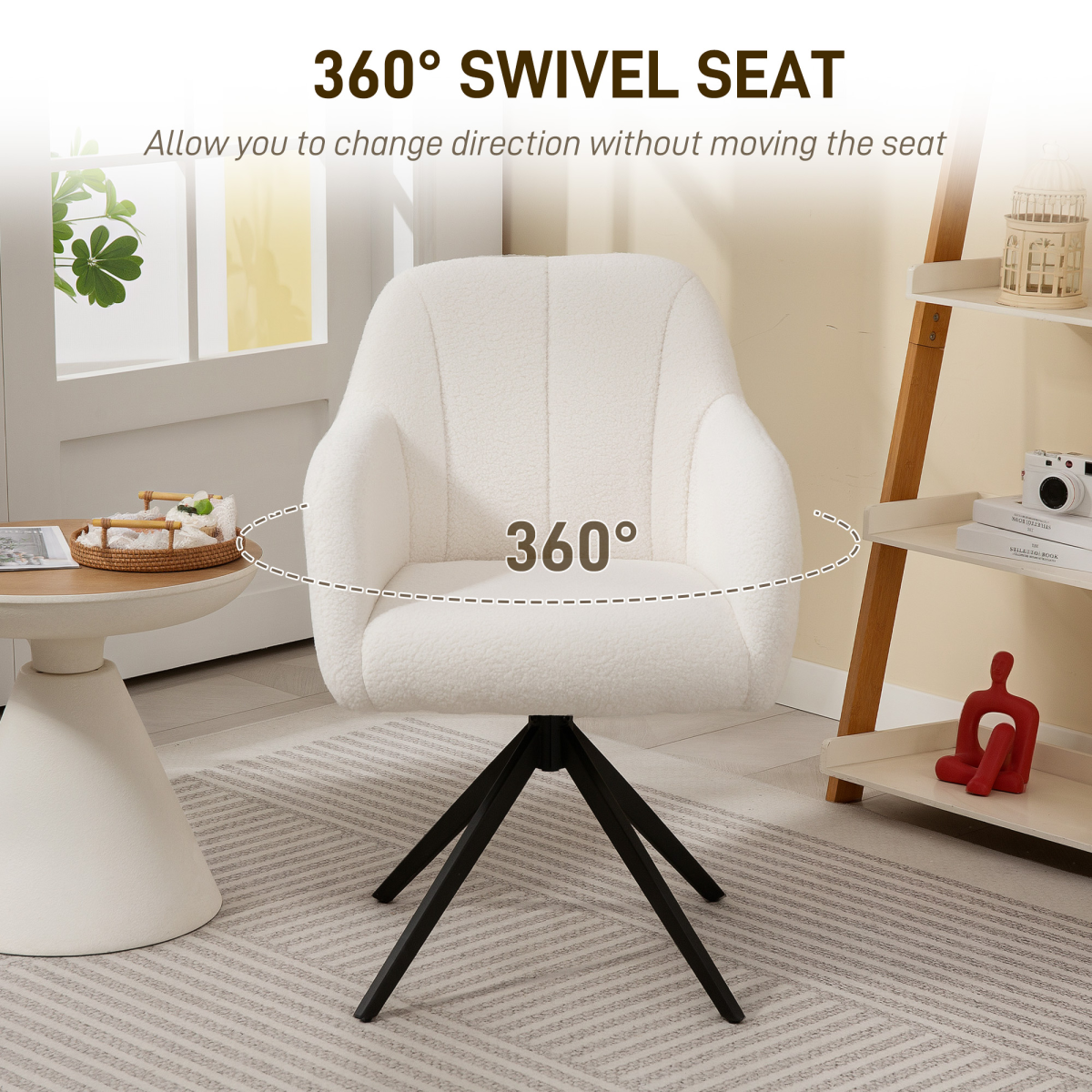 HOMCOM white teddy fleece swivel chair with 13 cm thick seat and 360° rotation for cozy living room comfort.